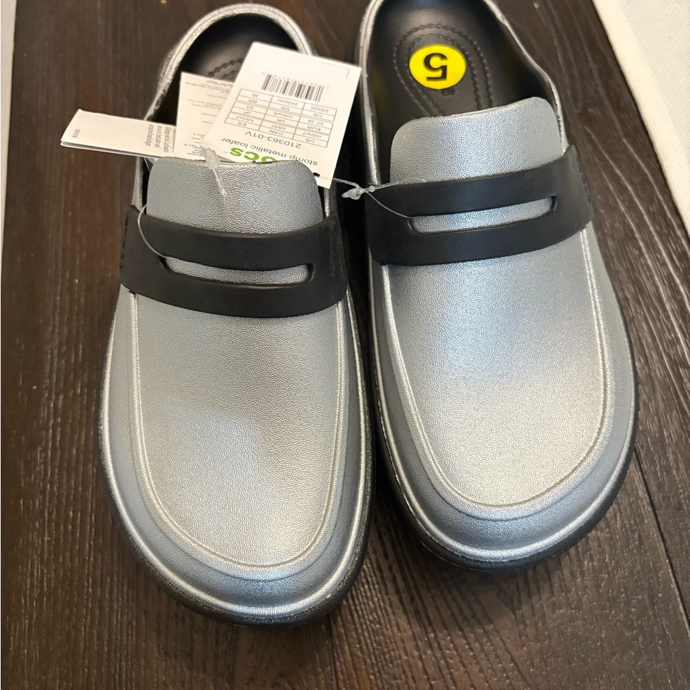 CROCS Silver and Black Disco Mules ladies size 7,